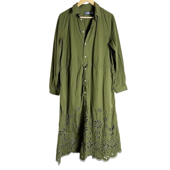 Polo Ralph Lauren Jessica Day Green Cotton Eyelet Drawstring Midi Shirt Dress 14 - Picture 2 of 14